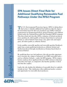 EPA Issues Direct Final Rule for Additional Qualifying Renewable Fuel Pathways Under the RFS2 Program (November 30,  2011)