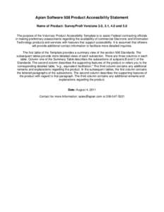 Apian Software 508 Product Accessibility Statement Name of Product: SurveyPro® Versions 3.0, 3.1, 4.0 and 5.0 The purpose of the Voluntary Product Accessibility Template is to assist Federal contracting officials in mak