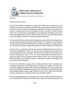 EPISCOPAL DIOCESE OF UPPER SOUTH CAROLINA May 2014 Brothers and Sisters in Christ, We have been blessed in the Diocese of Upper South Carolina with a tentative unity. I say “blessed” because we have struggled with th