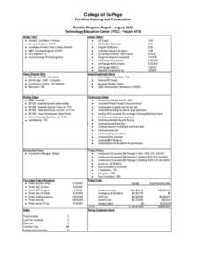 College of DuPage Facilities Planning and Construction Monthly Progress Report - August 2008 Technology Education Center (TEC) - Project #728 Design Status: ●