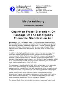 Media Advisory - Chairman Fryzel Statement On Passage Of The Emergency Economic Stabilization Act