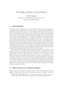 The Higher Infinite in Proof Theory∗† Michael Rathjen Department of Pure Mathematics, University of Leeds Leeds LS2 9JT, United Kingdom  1