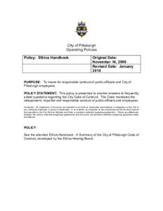 City of Pittsburgh Operating Policies Policy: Ethics Handbook Original Date: November 14, 2006