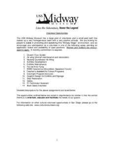 Volunteer Opportunities The USS Midway Museum has a large pool of volunteers and a small paid staff that makes up a very homogeneous team with a very positive attitude. We are looking for people to assist in promoting an