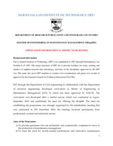 DAR ES SALAAM INSTITUTE OF TECHNOLOGY (DIT)  DEPARTMENT OF RESEARCH PUBLICATION AND POSTGRADUATE STUDIES MASTER OF ENGINEERING IN MAINTENANCE MANAGEMENT (MEngMM)