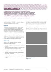 FACT SHEETS  DOUBLE DISSOLUTION A double dissolution occurs when both the Senate and the House of Representatives are shut down (dissolved), in order for a federal election to take place. A double dissolution election is