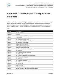 METROPOLITAN TRANSPORTATION COMMISSION COORDINATED PUBLIC TRANSIT–HUMAN SERVICES TRANSPORTATION PLAN UPDATE APPENDIX D. INVENTORY OF TRANSPORTATION PROVIDERS Appendix D. Inventory of Transportation Providers