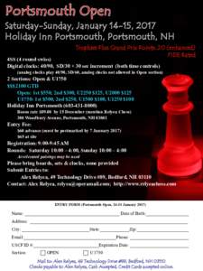 Saturday-Sunday, January 14-15, 2017 Holiday Inn Portsmouth, Portsmouth, NH Trophies Plus Grand Prix Points: 20 (enhanced) FIDE Rated  4SS (4 round swiss)