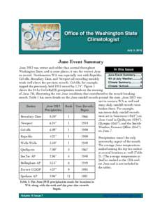 Office of the Washington State Climatologist July 3, 2012 June Event Summary June 2012 was wetter and colder than normal throughout