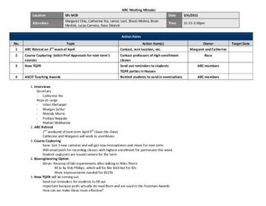 ARC Meeting Minutes Location SFL MCR Margaret Chiu, Catherine Xie, James Leet, Shruti Mishra, Brian Merlob, Lucas Carreno, Race Diloreti