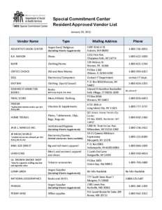 Special Commitment Center Resident Approved Vendor List January 20, 2012 Vendor Name ADVENTISTS BOOK CENTER