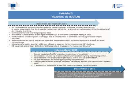 Faktablad 5 HVAD NU? EN TIDSPLAN December 2014/januar 2015  Det Europæiske Råd og Parlamentet bør godkende investeringsplanen for Europa, herunder afgørelsen om at oprette en europæisk fond for strategiske investe