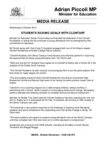 Adrian Piccoli MP Minister for Education MEDIA RELEASE Wednesday 8 October 2014