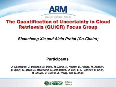 The Quantification of Uncertainty in Cloud Retrievals (QUICR) Focus Group Shaocheng Xie and Alain Protat (Co-Chairs) Participants J. Comstock, J. Delanoë, M. Deng, M. Dunn, R. Hogan, D. Huang, M. Jensen,