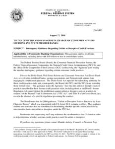 DIVISION OF CONSUMER AND COMMUNITY AFFAIRS CA 14-5 August 22, 2014 TO THE OFFICERS AND MANAGERS IN CHARGE OF CONSUMER AFFAIRS