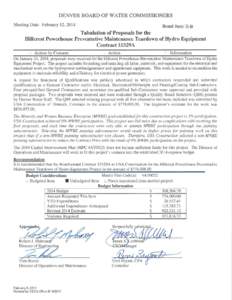 Board agenda item (Feb. 12, 2014): Tabulation of Proposals for the Hillcrest Powerhouse Preventive Maintenance Teardown of Hydro Equipment