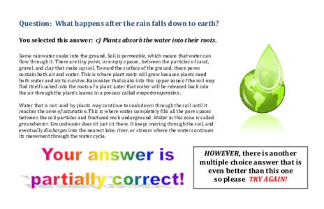 Question: What happens after the rain falls down to earth? You selected this answer: c) Plants absorb the water into their roots. Some rainwater soaks into the ground. Soil is permeable, which means that water can flow t