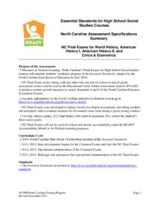 Essential Standards for High School Social Studies Courses North Carolina Assessment Specifications Summary NC Final Exams for World History, American History I, American History II, and