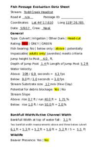 Fish Passage Evaluation Data Sheet Stream: Todd Creek Headcut Road # n/a