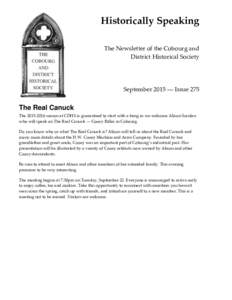 Historically Speaking The Newsletter of the Cobourg and District Historical Society September 2015 ― Issue 275