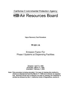 Rulemaking: [removed]Vapor Recovery Test Procedure 201.1A Emission Factor For Phase I Systems at Dispensing Facilities