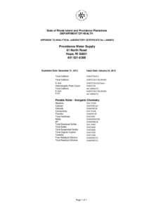 State of Rhode Island and Providence Plantations DEPARTMENT OF HEALTH APPENDIX TO ANALYTICAL LABORATORY CERTIFICATE No. LAI00076 Providence Water Supply 61 North Road