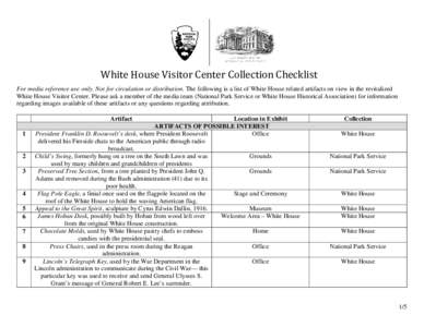 White House Visitor Center Collection Checklist  For media reference use only. Not for circulation or distribution. The following is a list of White House related artifacts on view in the revitalized White House Visitor 