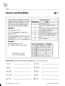 Name _____________________________________________________________________________________________________  Factors and Divisibility One number is divisible by another number when the quotient is a whole