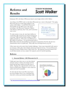 Reforms and Results In January 2011, the State of Wisconsin faced a state budget deficit of $3.6 billion. According to the PEW Center on the States Wisconsin was a state in fiscal peril.1 Per capita, Wisconsin had one of