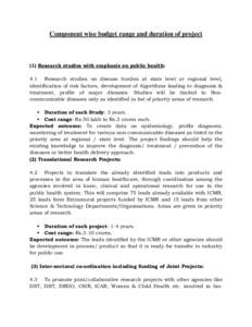 Component wise budget range and duration of project  (1) Research studies with emphasis on public health: 4.1 Research studies on disease burden at state level or regional level, identification of risk factors, developme