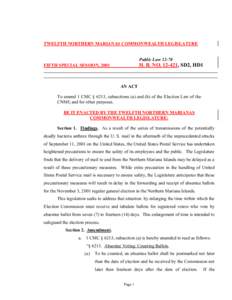 TWELFTH NORTHERN MARIANAS COMMONWEALTH LEGISLATURE Public Law[removed]H. B. NO[removed], SD2, HD1  FIFTH SPECIAL SESSION, 2001