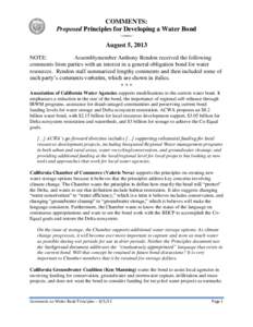 COMMENTS: Proposed Principles for Developing a Water Bond August 5, 2013 NOTE: Assemblymember Anthony Rendon received the following comments from parties with an interest in a general obligation bond for water