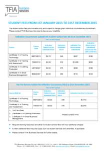 STUDENT FEES FROM 1ST JANUARY 2015 TO 31ST DECEMBER 2015 The student tuition fees are indicative only and subject to change given individual circumstances at enrolment. Please contact TFIA Business Services to discuss yo