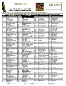 TRUEcolor Gel Office[removed] • Fax[removed]E-mail: [removed] TRUEcolor Gel cross to Rosco to LEE, Apollo & GAM: 2012 TRUEcolor Gel & LEE Filters are the same exact number to color! This cross re