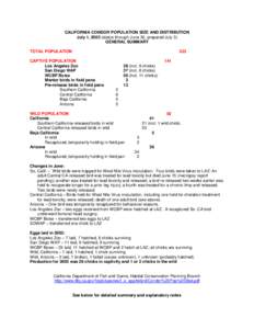 CALIFORNIA CONDOR POPULATION SIZE AND DISTRIBUTION July 1, 2003 (status through June 30, prepared July 3) GENERAL SUMMARY TOTAL POPULATION  223