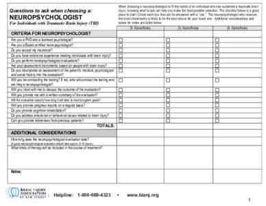 Questions to ask when choosing a:  NEUROPSYCHOLOGIST For Individuals with Traumatic Brain Injury (TBI)