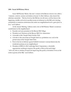 [removed]Susan McWhinney-Morse Susan McWhinney-Morse, this year’s winner of the Beacon Award, was called a ‘visionary, catalyst, warrior and tireless advocate’ by Ben Colburn, who chaired the selection committee. “