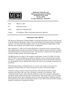 Radioactive Materials Unit Minnesota Department of Health 625 Robert Street North PO BoxSt. Paul, Minnesota