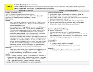 2.MD.8  Cluster Heading: Work with time and money. Content Standard: Solve word problems involving dollar bills, quarters, dimes, nickels and pennies, using $ and ¢ symbols appropriately. Practice Standard: MP1 Make sen