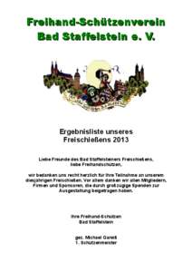 Freihand-Schützenverein Bad Staffelstein e. V. Ergebnisliste unseres Freischießens 2013 Liebe Freunde des Bad Staffelsteiners Freischießens,