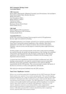 2012 Community Heritage Grants Assessment Report CHG Assessors: Serena Milne (Dep artm ent of Regional Australia, Local Governm ent, Arts and Sp ort ) Tania Cleary (Tania Cleary Mu seu m Services) Shelly Grant (N LA)