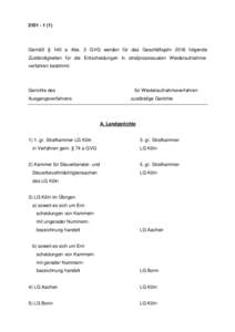 Gemäß § 140 a Abs. 2 GVG werden für das Geschäftsjahr 2016 folgende Zuständigkeiten für die Entscheidungen in strafprozessualen Wiederaufnahmeverfahren bestimmt:  Gerichte des