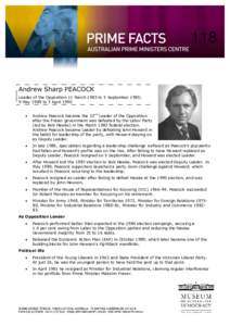 118  Andrew Sharp PEACOCK Leader of the Opposition 11 March 1983 to 5 September 1985; 9 May 1989 to 3 April 1990 