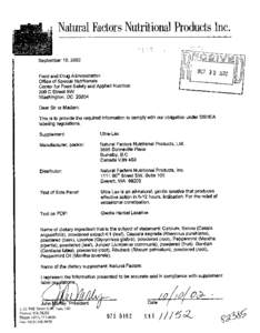 NaturalFactors NutritionalProductsInc. September 18,2002 Food and Drug Administration Office of Special Nutritionals Center for Food Safety and Applied Nutrition