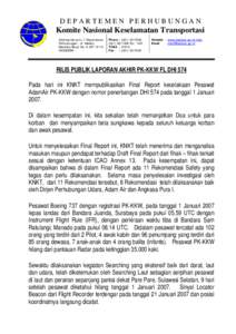 DEPARTEMEN PERHUBUNGAN  Komite Nasional Keselamatan Transportasi Gedung Karya Lt.7 Departemen Perhubungan - Jl. Medan Merdeka Barat No. 8 JKT 10110