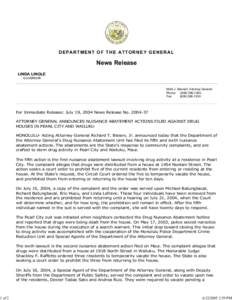 ATTORNEY GENERAL ANNOUNCES NUISANCE ABATEMENT ACTIONS FILED A...