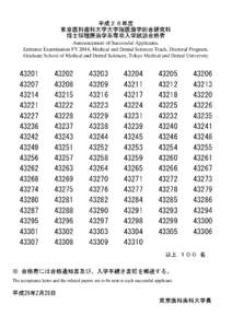 平成２６年度 東京医科歯科大学大学院医歯学総合研究科 博士課程医歯学系専攻入学試験合格者