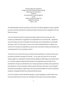 House Energy and Commerce Energy and Power Subcommittee Hearing Statement for the Record from the Environmental Protection Agency on the