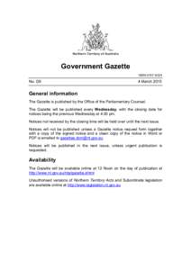 Northern Territory of Australia  Government Gazette ISSNNo. G9