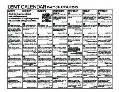 LENT CALENDAR DAILY CALENDAR 2015 SUNDAY MONDAY  TUESDAY